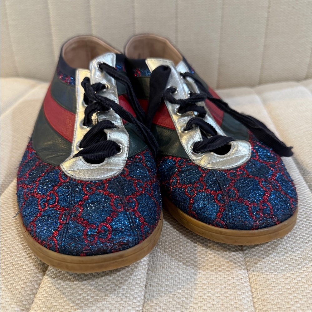 Gucci Men Sneakers with Red, Blue, and Silver Accents